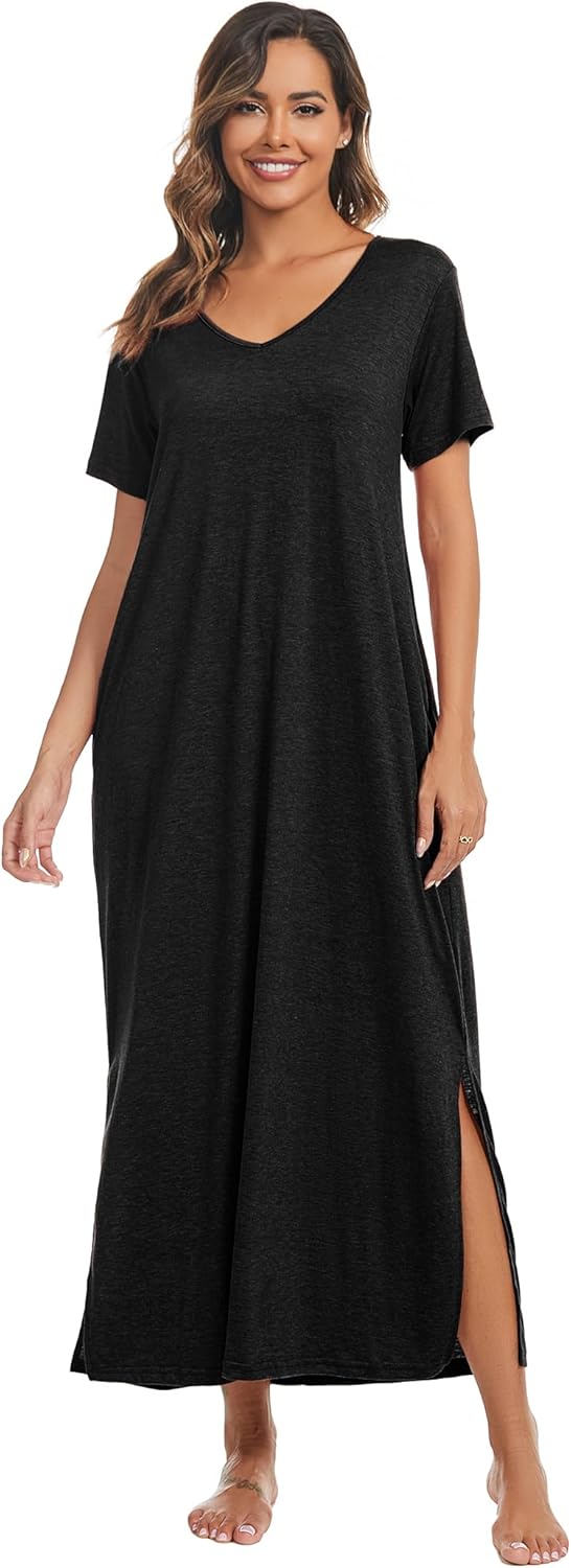 Marvmys Women Short Sleeve Nightgown Cotton Long Nightshirts with Pocket - Image 3