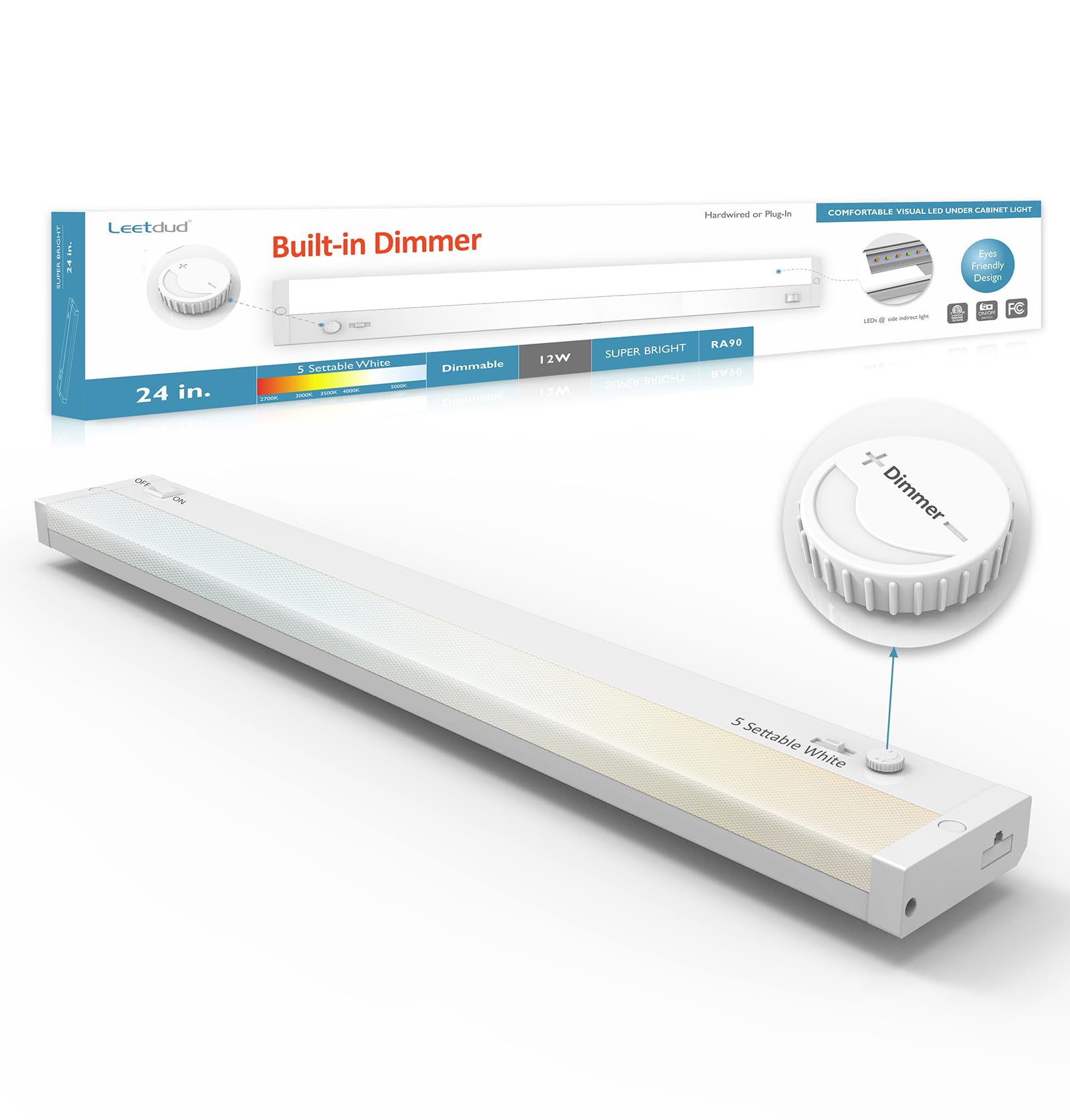 Leetdud LED Under Cabinet Lighting Built-in Dimmer Plug in or Hardwired, 24 Inch 12W Dimmable 5 Color 2700K/3000K/3500K/4000K/5000K, ETL Listed Linkable Under Cabinet Lights for Counter,Kitchen,White