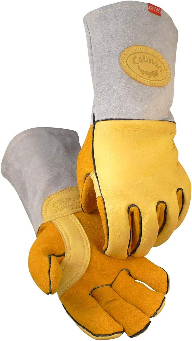 Caiman Elk Skin MIG/Stick Welding Gloves, Flame Resistant Wool Lined Back, Cowhide Cuff, Kevlar, Kontour Design, Gold/Gray X-Large (1485-6)