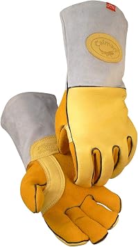 Caiman Elk Skin MIG/Stick Welding Gloves, Flame Resistant Wool Lined Back, Cowhide Cuff, Kevlar, Kontour Design, Gold/Gray X-Large 1485-6