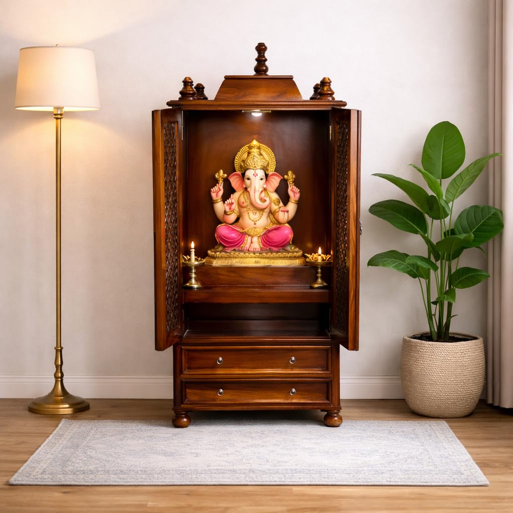 Varsha Furniture Solid Sheesham Wooden Home Temple/Mandir/God Stand/Pooja Stand/Home Mandap/Mandapam with Doors & Storage Drawers| Devotional