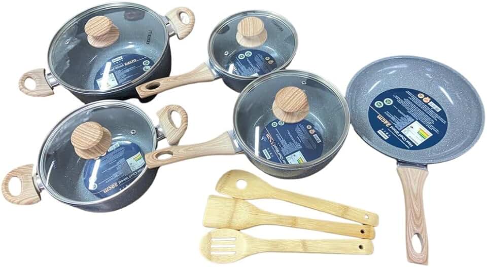 Kit Jogo de Panelas 8 Peças Cerâmica Antiaderente, Fundo Indução, Não Gruda, Fácil de Limpar, Cabo Efeito Madeira, Para Fogão a Gás, Elétrico e Vitrocerâmico – Sortido