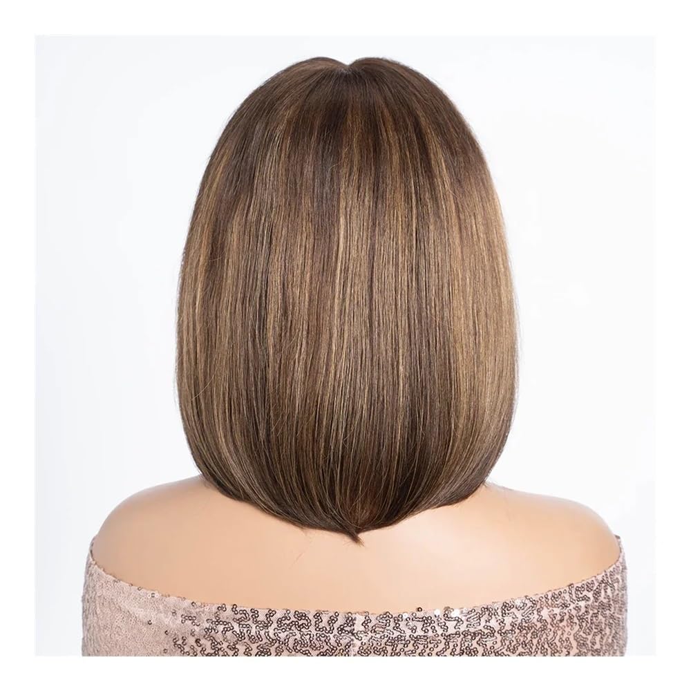 Parrucca corta for capelli umani Bob con frangia Parrucca piccola in pizzo 3x1 senza colla for donna Marrone con riflessi(12INCHES)
