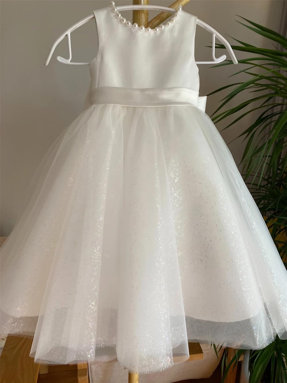Vestido de tul con purpurina para niña, espalda en V, vestido de fiesta con perlas, vestido de princesa de longitud completa con nudo de lazo, Dorado, 4