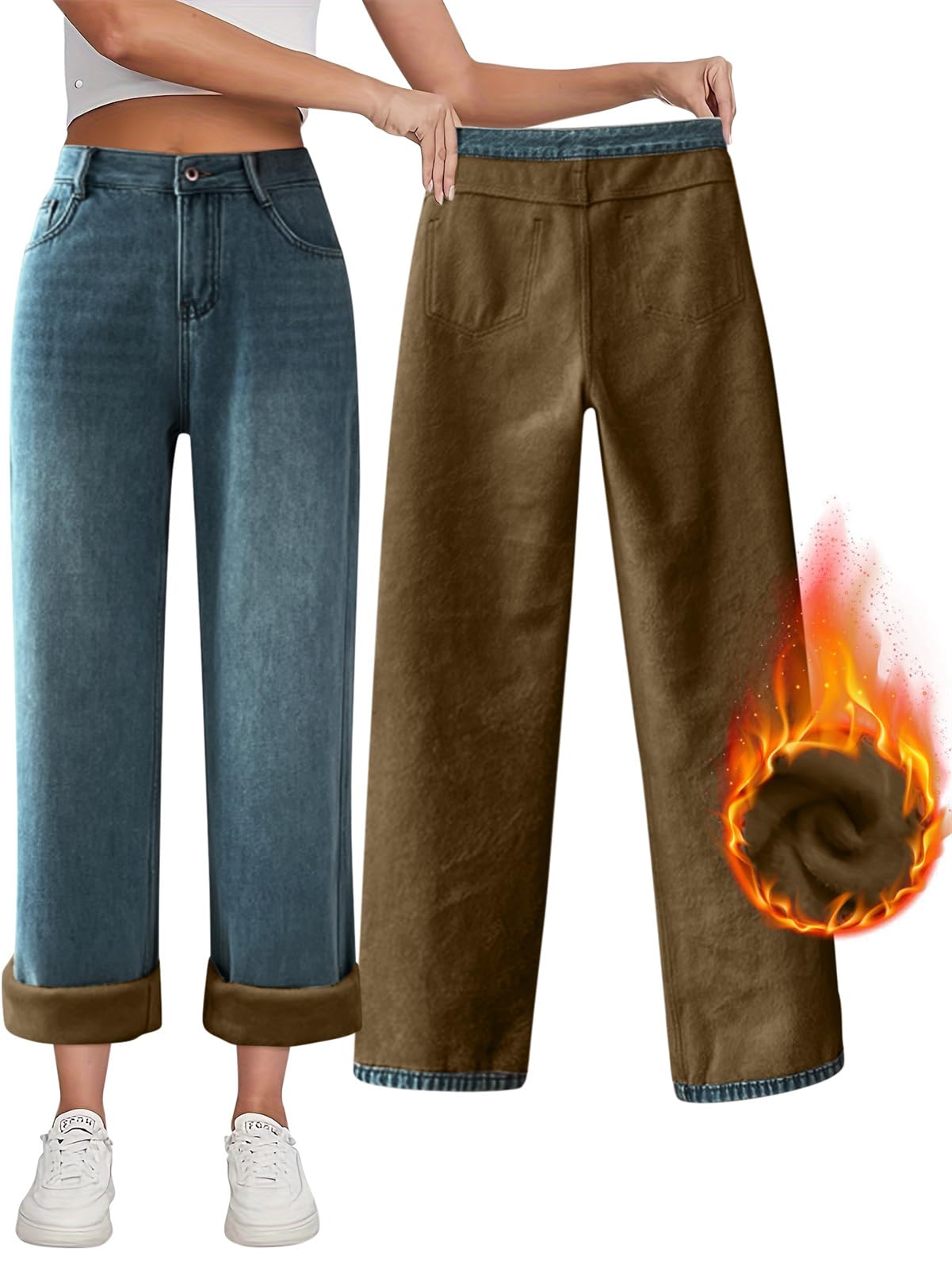 KIHFSODN Damen Thermo Jeans - Gefütterte Baggy Hose Mit Fleece Für Den Winter