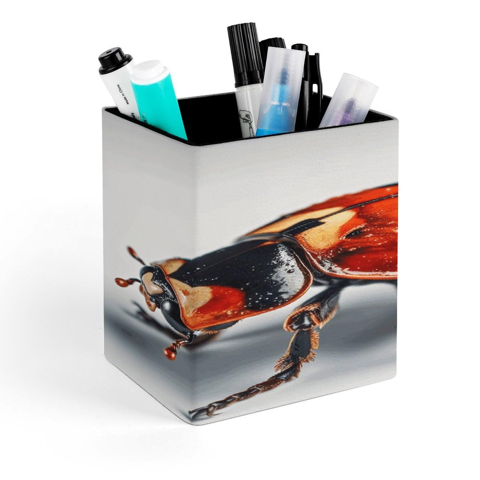 Ladybug on White Background Pencil Holder for Desk Square Leather Pen Holder Cup Desktop Organizer Multi-Functional Pencil Cup Holders Modern Decorative Desk Organizer Caddy Makeup Brush Holders
