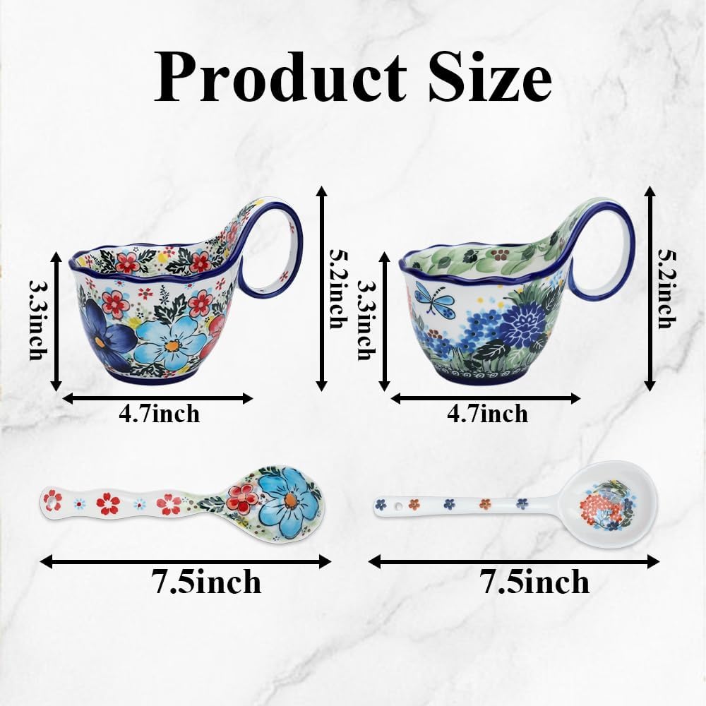 18oz With Spoon Loop Handle Soup Bowl – Handpainted Polish Pottery, Soup And Cracker Bowl For Fruits, Stew, Ice Cream, Microwave & Dishwasher Safe, Gift For Mother, Women, Mom, Kitchen (Green+Blue)