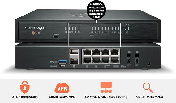 SonicWall TZ580 Next-Gen Firewall Appliance Hardware Only | 03-SSC-1837 | 8x1GbE + 2x5G SFP+; 4.5 Gbps firewall, 2.2 Gbps threat prevention; SonicOS 8; mid-size business NGFW