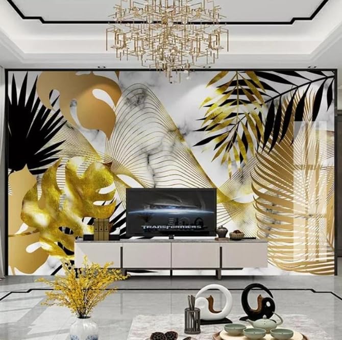 Papier peint 3D feuilles d’or pour agrandir un salon avec mur TV blanc - 2