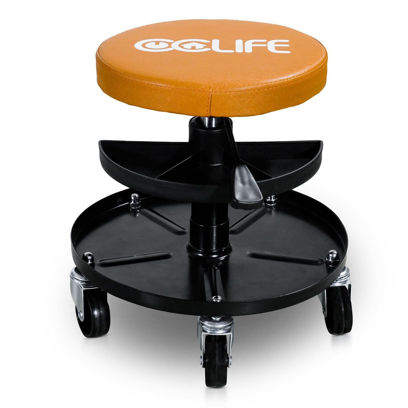 CCLIFE Workshop Stool with Wheels and 2 Trays Max. 150 kg Height Adjustable Stool 38-50 cm Orange