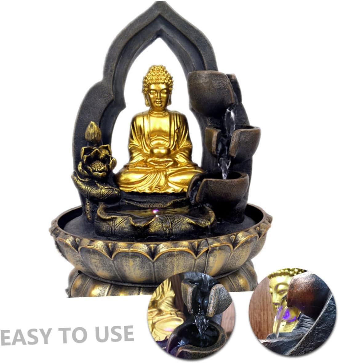 Tabletop Waterfall Fountain Buddha Statue Resin Buddha Decoration Led Light Home Office Decor