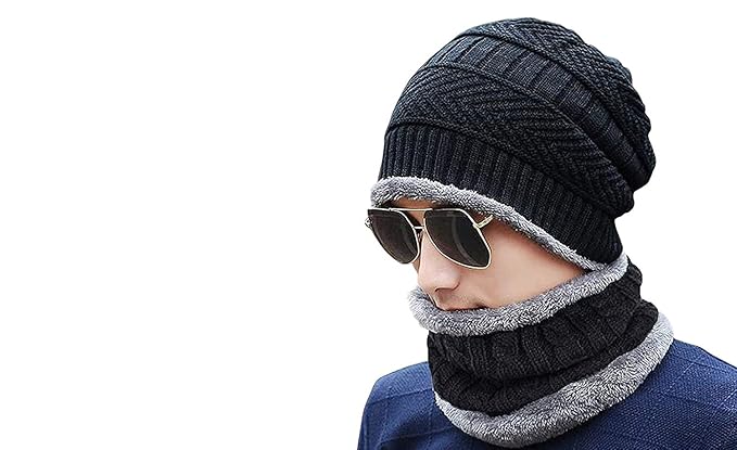 HOSVIN Winter Knit Beanie Woolen Cap Hat Woolen Neck Warmer Scarf Set for Men & Women