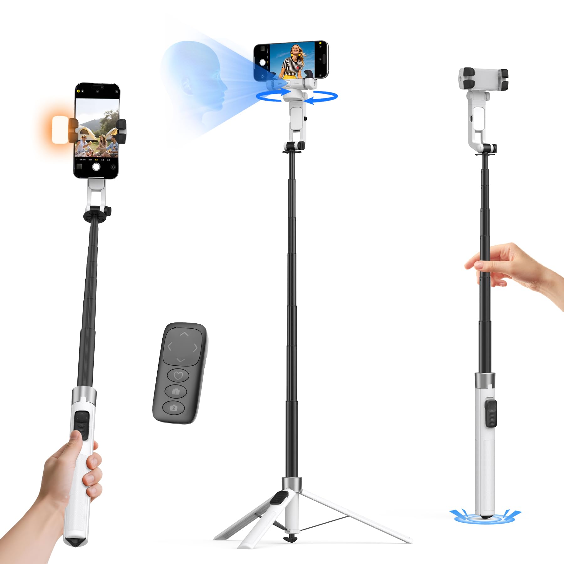 Treppiede automatico per iPhone con luce da 71 pollici Selfie Stick Treppiede Stand segue il tuo movimento Stabilizzatore cardanico a 360 ° con telecomando wireless per Creatore di contenuti Vlog