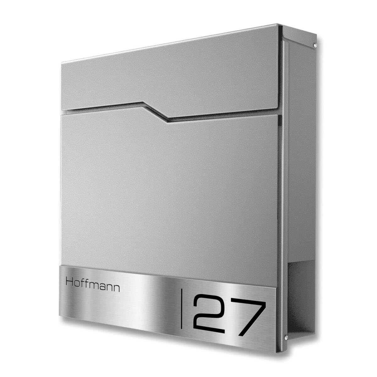 Metzler Cassetta Postale da Parete Grigio Alluminio RAL 9007 – Cassetta postale di design con targhetta nominativa in acciaio inox V2A incisa al laser e vano portagiornali – Modello Enno