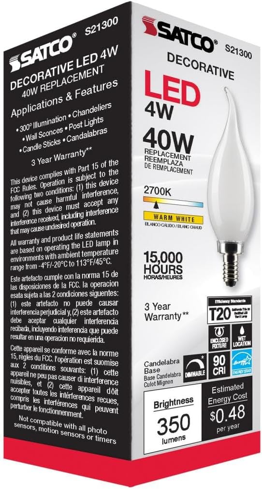 Satco S21300 4CA10/LED/927/FR/120V/E12-6 Pack
