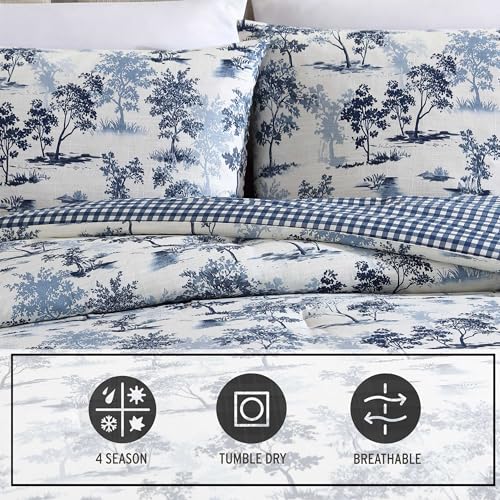 Image of Eddie Bauer - King Comforter Set, Super Soft Reversible Bedding with Matching Shams, Buffalo Check Reverse, Rustic Inspired Room Essentials (Vintage Forest Toile Blue, King)