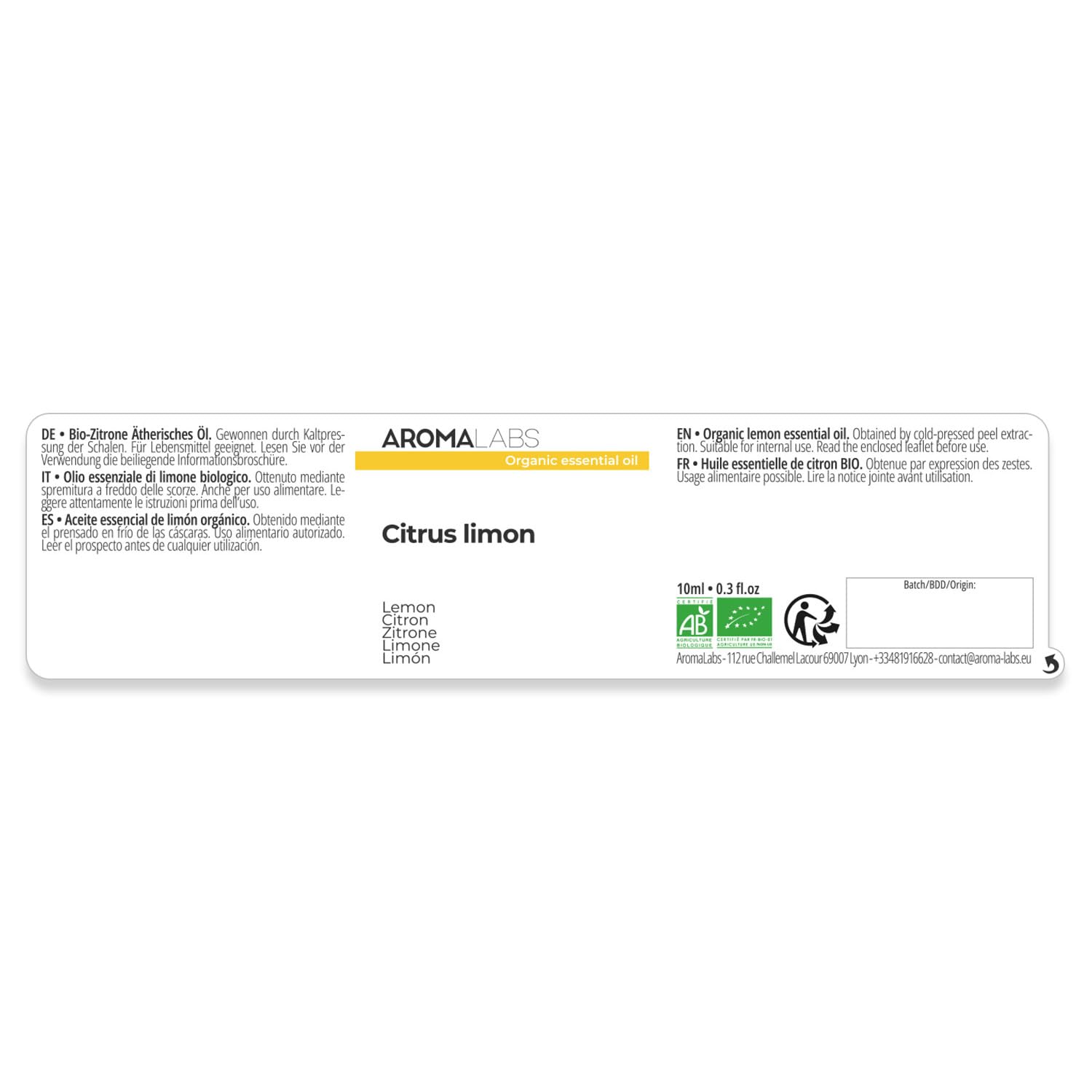Limón BIO (Citrus limon) - 10 mL - Aceite Esencial Quimiotipado y Certificado AB - Aroma Labs