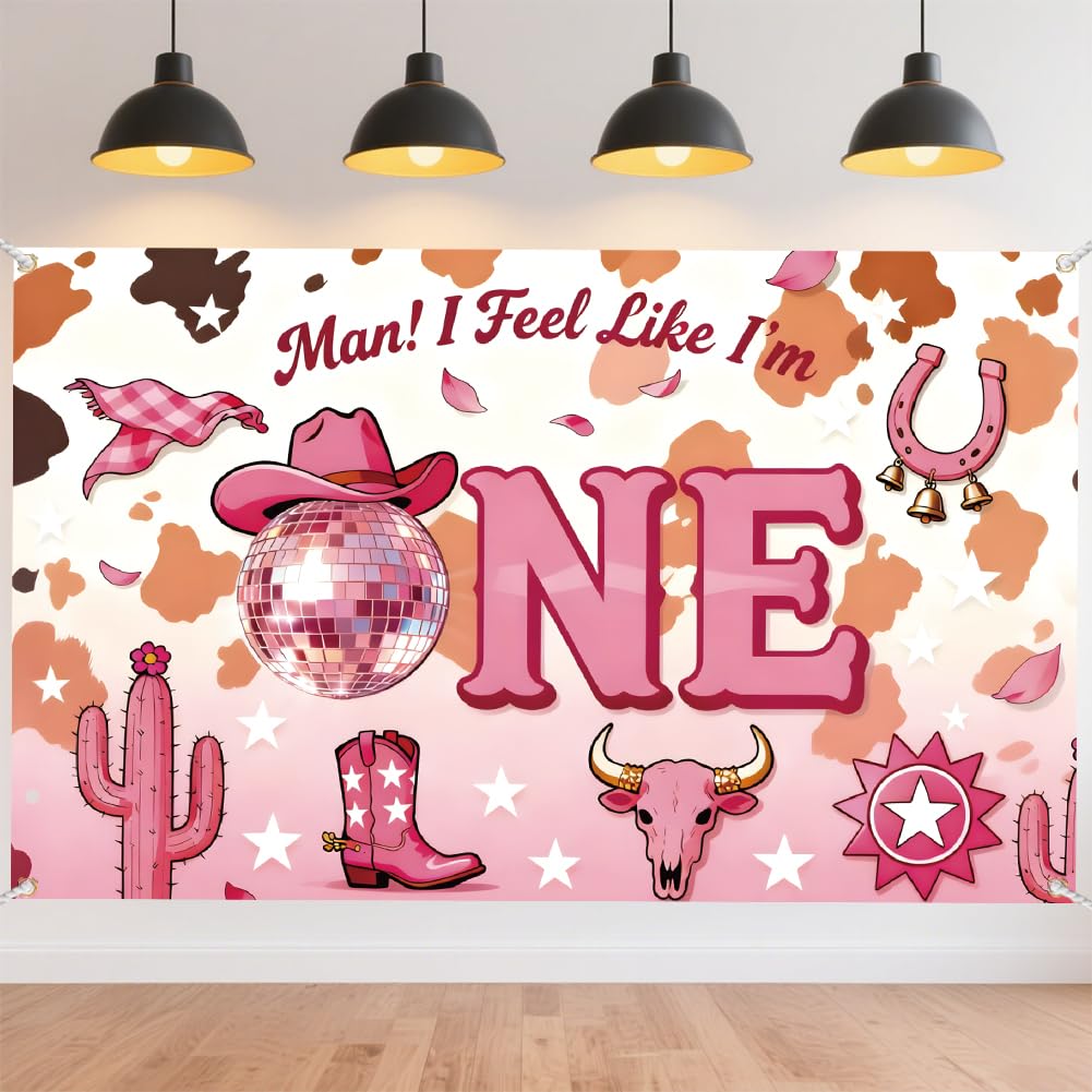 CRAFTYMELODY Disco 1st Birthday Banner 72×44 Inch Pink Retro Western Happy Birthday Backdrop Wall Banner Photo Booth Indoor Outdoor with Grommets 3.2 Yard String for Party Decoration Supplies