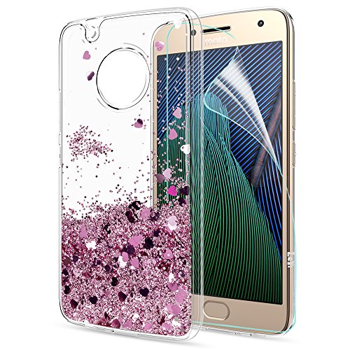 Moto G5 Plus Case,Moto G Plus 5th Generation Case with HD Screen Protector for Girl Women,LeYi Glitter Shiny Liquid Moving Quicksand Clear TPU Phone Case for Motorola Moto G5 Plus X 2017 ZX Rose Gold