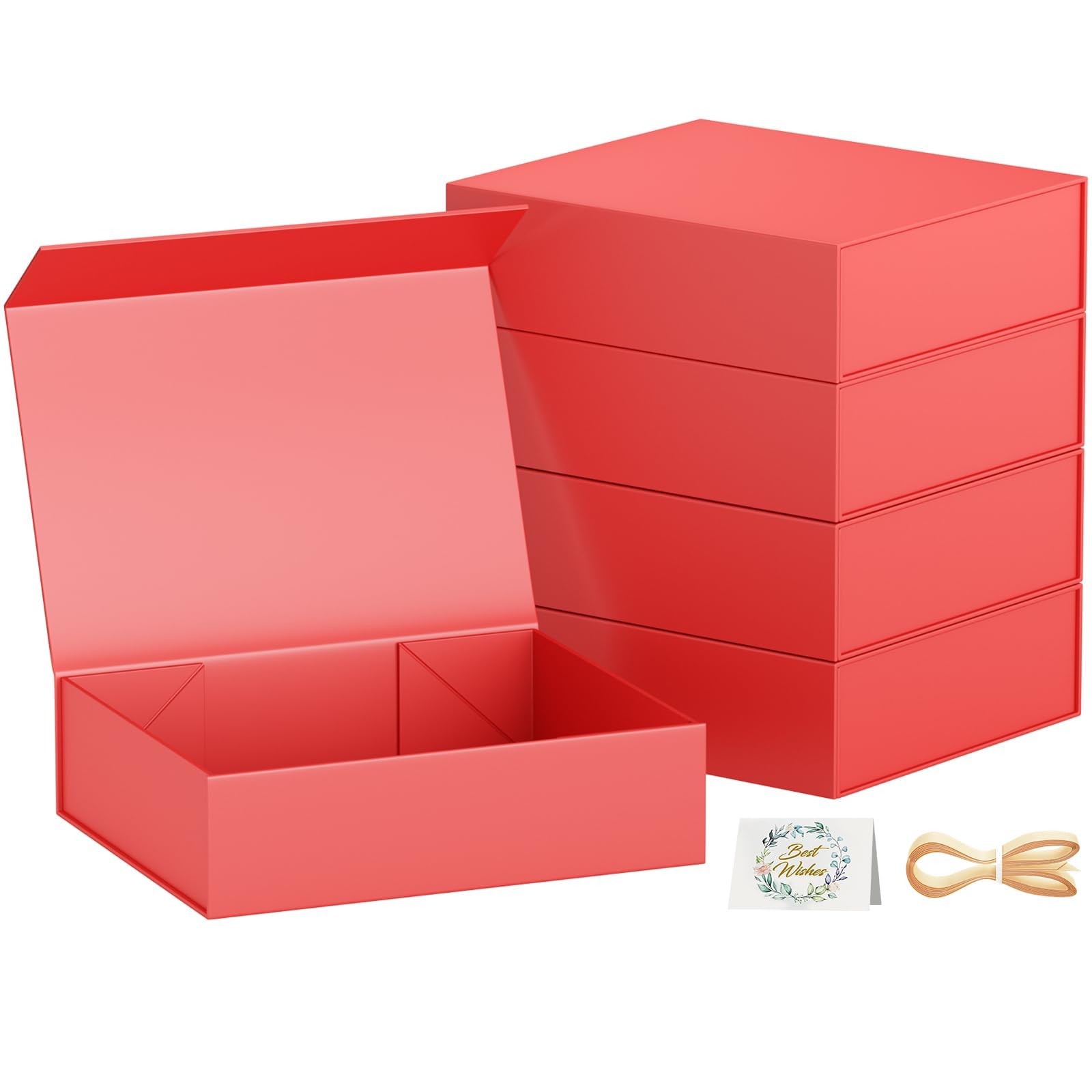5 Pack Gift Boxes, 30 x 20 x 7.6 cm Gift Boxes for Presents with Lids Magnetic Closure Rectangle Collapsible for Groomsman Proposal Box, Wedding, Christmas, Halloween, Birthday Gift (Red)