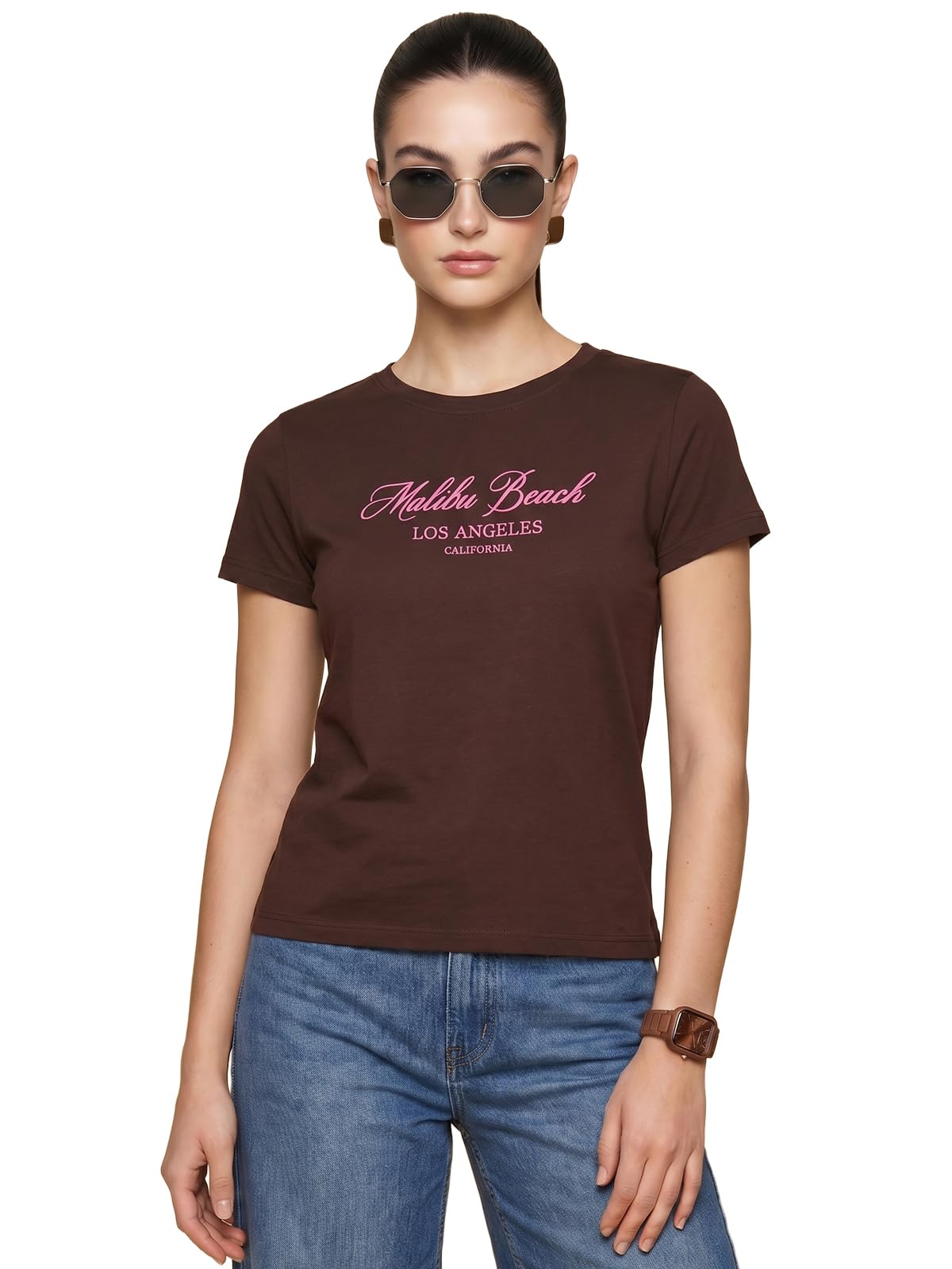 JUNEBERRY Camiseta estampada para mujer, corte normal, 100% algodón puro, cuello redondo, media manga, camiseta gráfica para uso diario (colores: rojo, marrón, verde y anochecer)