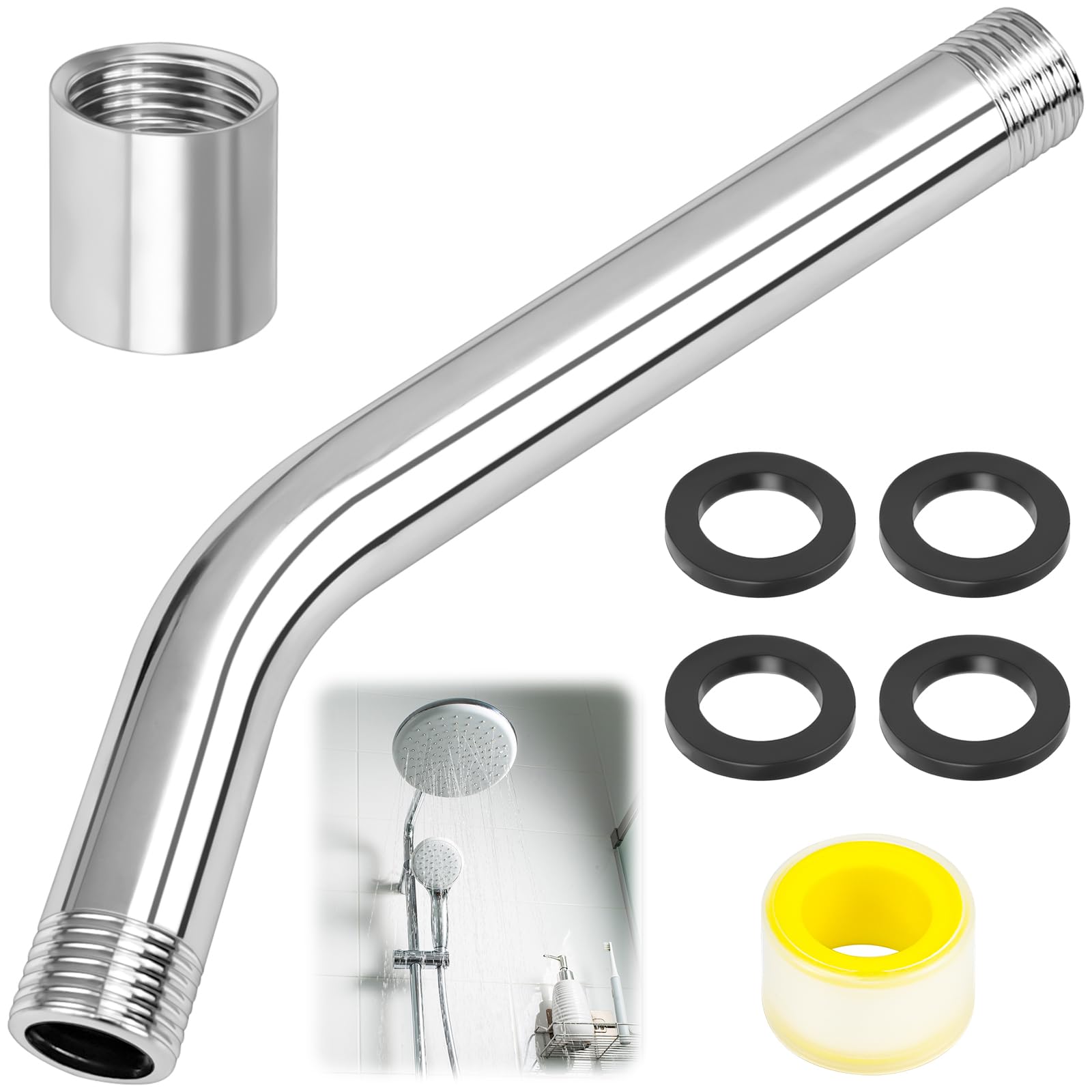 NISENTIA Curved Forward Shower Head Extension Arm, G1/2"" Stainless Steel Shower Arm Extension, 15cm Universal Wall Mounted Showerhead Extender with Washers Sealing Tape Connector for Home Bathroom