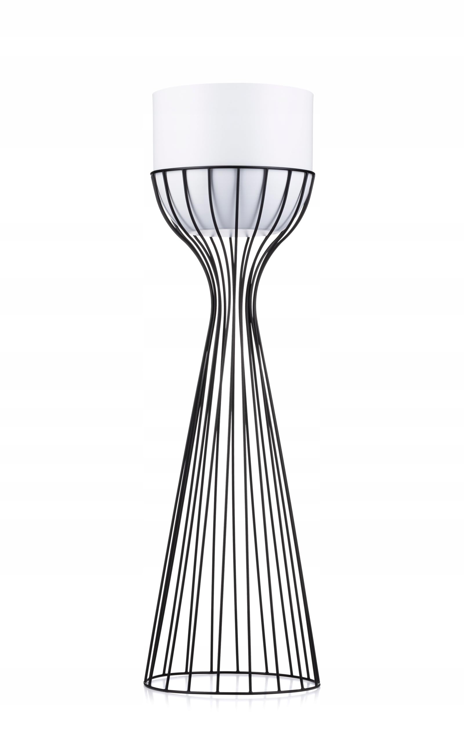 Moderno supporto per fiori in metallo, altezza 68 cm, con vaso da fiori bianco, rotondo, diametro 18 cm, su robusto supporto nero, supporto per piante per la decorazione di interni