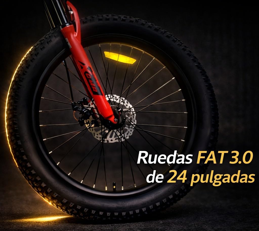 ️ Bicicleta 24 Pulgadas niño 8-12 años | Bicicleta de montaña + Ruedas Fat 3.0 + 21 Velocidades Shimano + Suspensión Delantera | Ideal para Aventuras al Aire Libre (Gris-Roja)