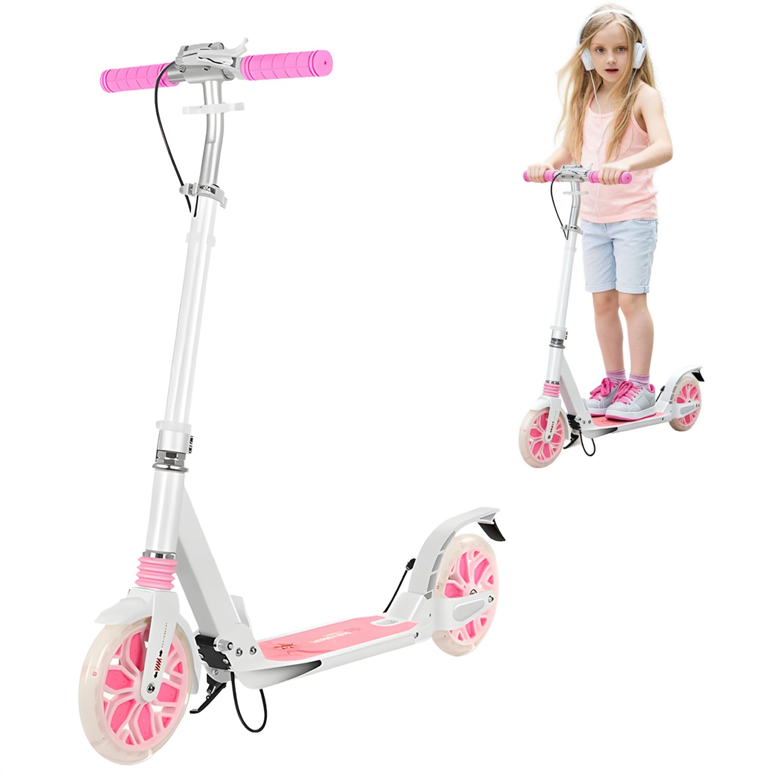 Scooters for Kids, Led Light-Up Rear Wheel, 4 Adjustable Height Dual Brakes,Foldable 8in Big Wheel Scooter, Shock Absorption, 2 Wheel Kick Scooter for Adults, Teens, Up to 300 Lbs