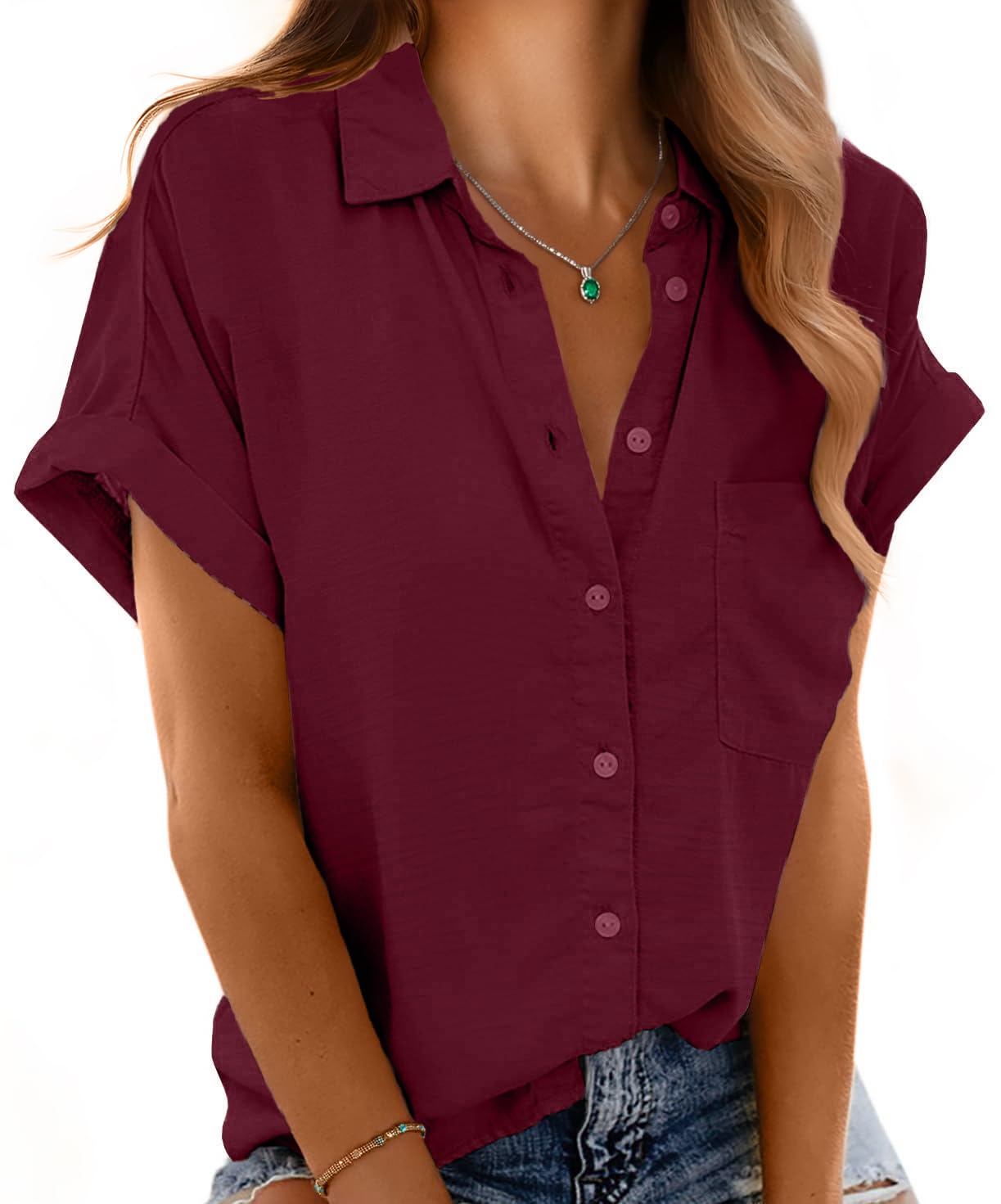 OLRIK Womens Button Up Shirt V Neck Roll Up Short Sleeve Blouse Loose Collared Shirt Casual Summer Beach Tops