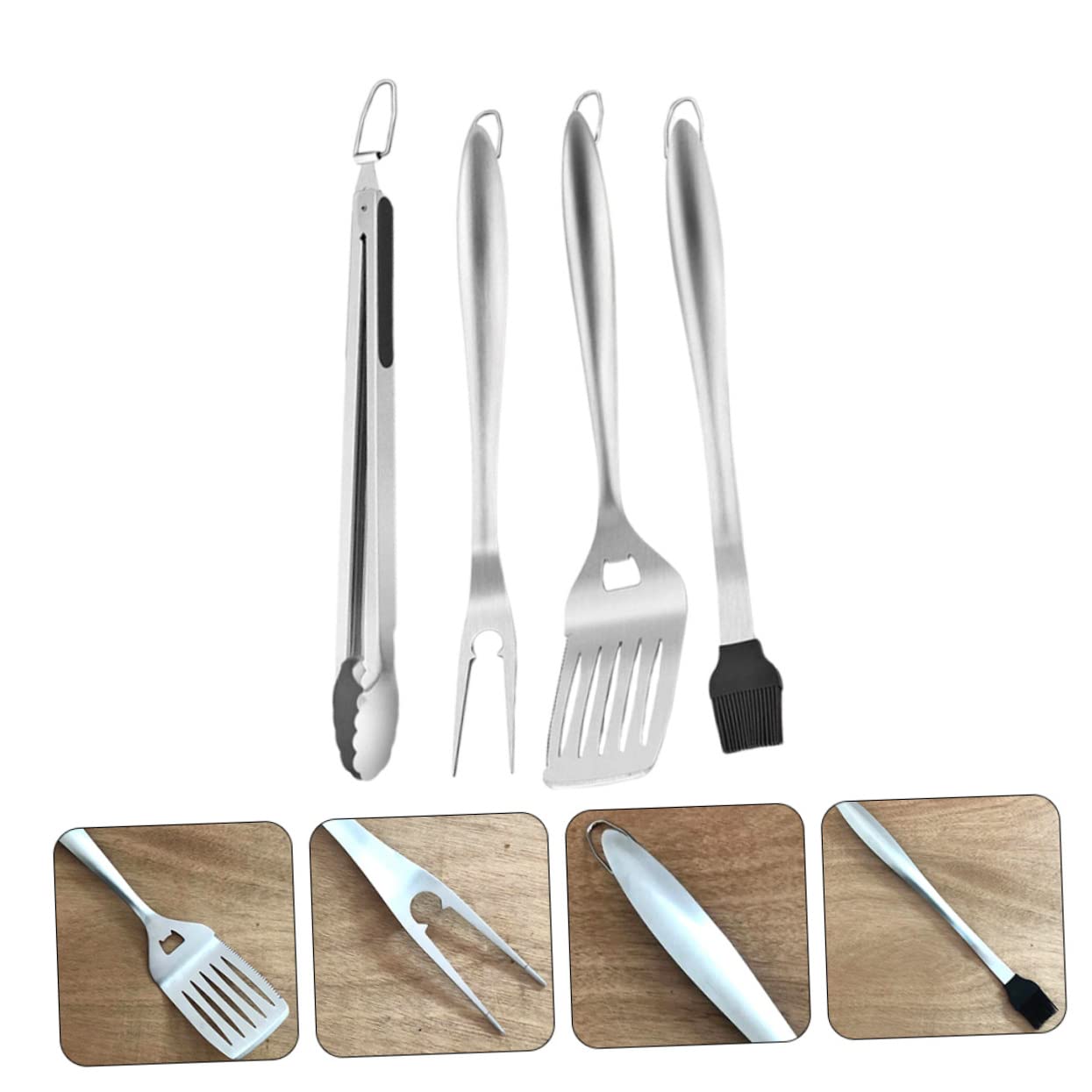 Set Utensili Barbecue Portatile in Acciaio Inox Argento | Riutilizzabile, Facile da Trasportare, per Griglia e Cottura All'aperto
