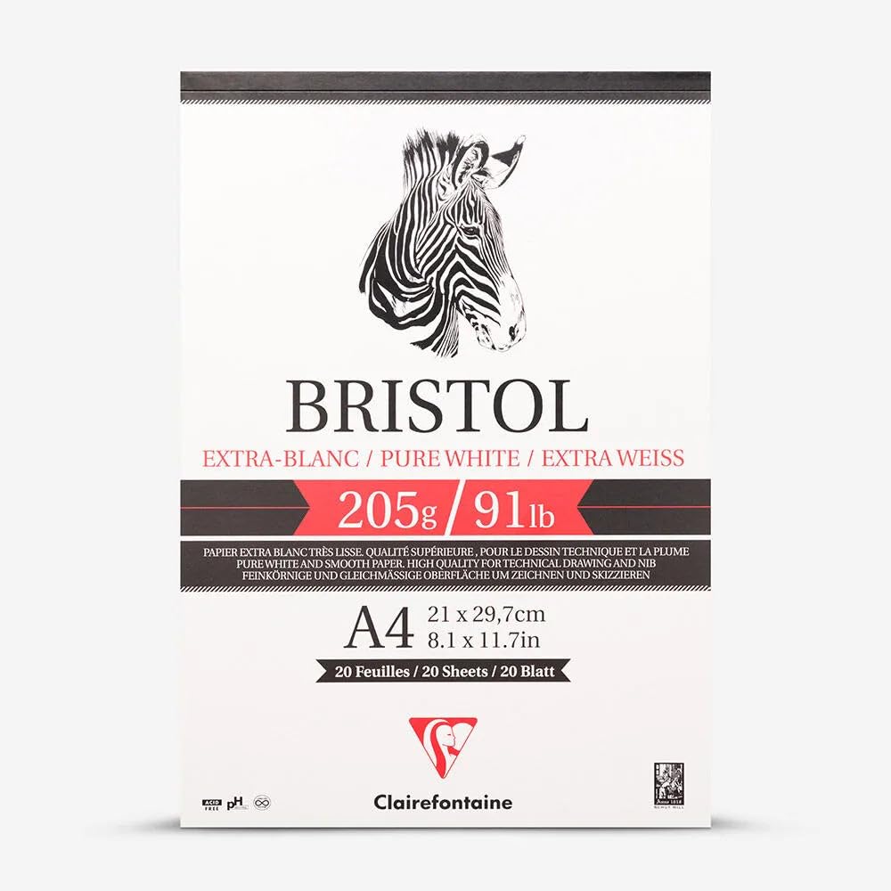 Clairefontaine 96173C Bloc Collé Bristol - 20 Feuilles Papier Bristol Blanc Extra Lisse - A4 21x29,​7 cm 205g - Idéal pour le Dessin Technique à la Plume