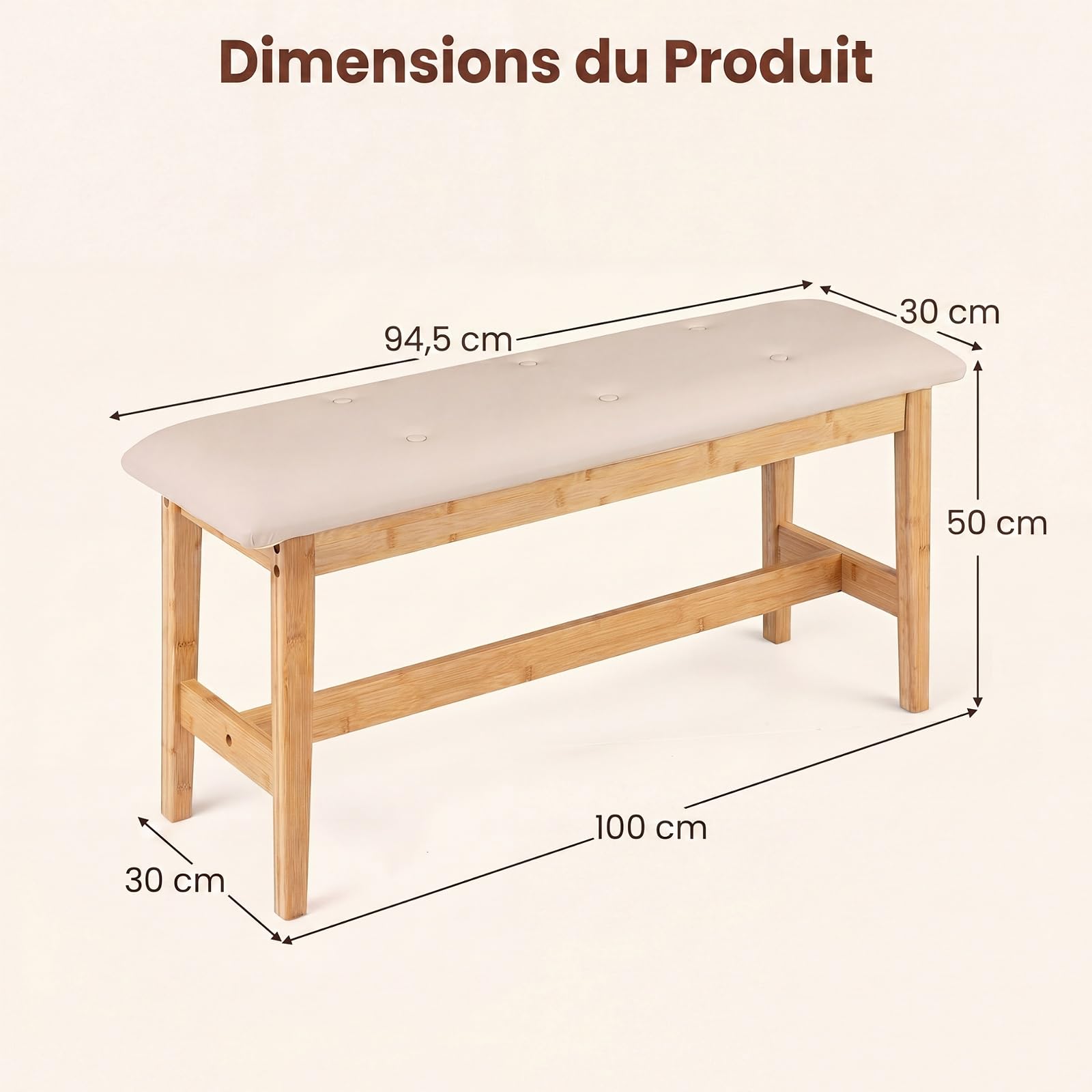 SOARS Banc en Bambou Rembourré Mousse Élastique, Banc d’Entrée 100 X 30 CM