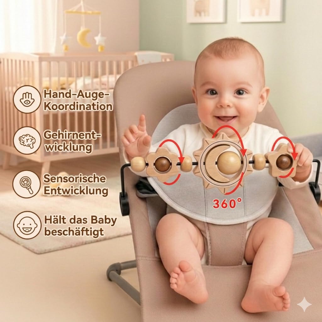 Spielzeug für Babywippe, kompatibel mit Baby Björn Bouncer Balance Soft & Bliss, drehbare Holzspielzeugstange, sensorisches Spielzeug für Babys jeden Alters (Sonne und Mond)