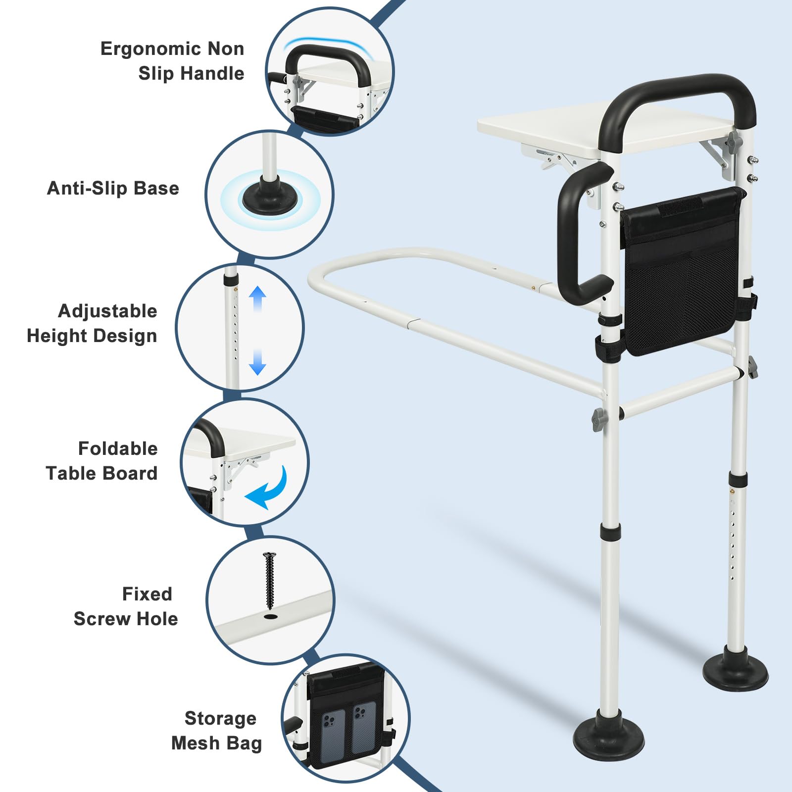 Sponda per letto per anziani e adulti, con tavolo pieghevole, tasca portaoggetti, luce sensore, guida di assistenza regolabile in altezza con manico ergonomico antiscivolo e barra di supporto