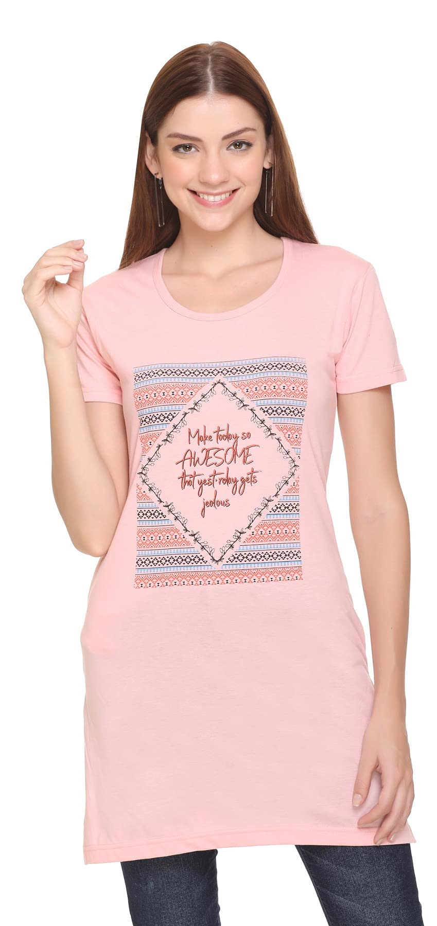 rysh Women's Cotton Printed Regular Fit Short Sleeve Longline Sleepwear Loungwear T-Shirt,Pink Heather,XL,RMLP750L6_XL-picture-29
