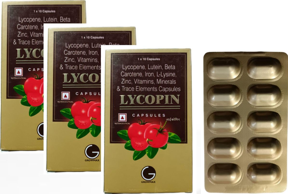 Lycopin Capsules with Lycopene, Lutein, Beta Carotene, Iron, L-Lysine, Zinc, Vitamins and Minerals, 10 Capsules Pack of-3