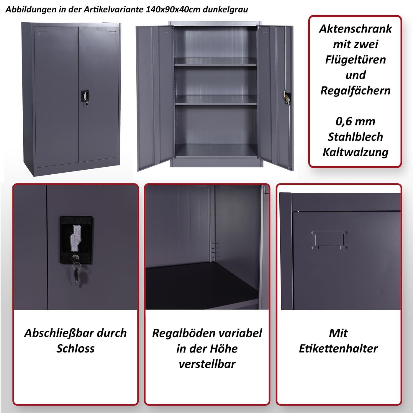 Mendler Aktenschrank HWC-H17 2 Türen abschließbar - 185x90x40cm grau | Stahlschrank, Büroschrank, Schrank, Metall