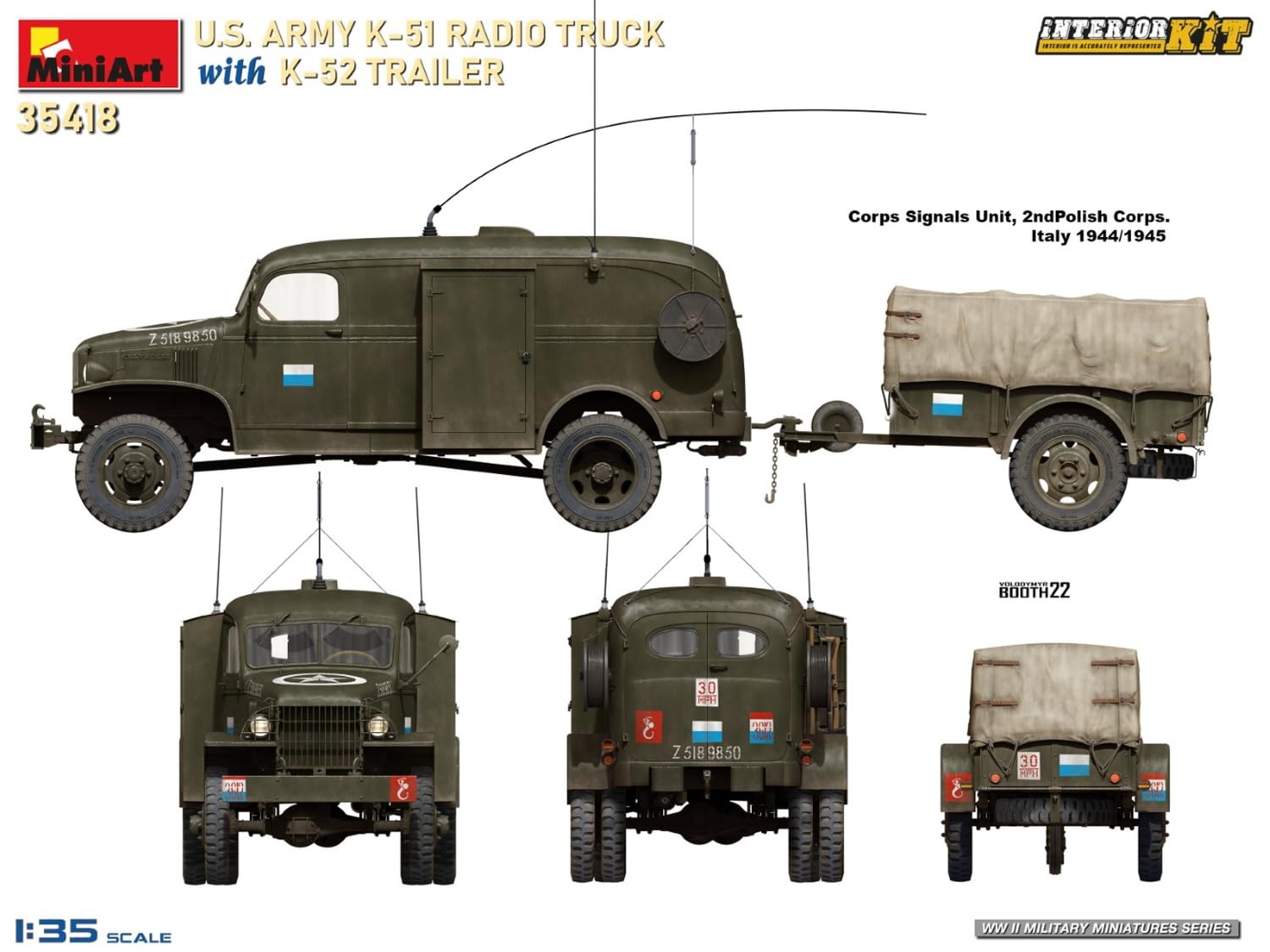 MiniArt 35418 1:35 US Funkwagen K-51 mit Anhäng. K-52 - originalgetreue Nachbildung, Modellbau, Plastik Bausatz, Basteln, Hobby, Kleben, Modellbausatz, Zusammenbauen, unlackiert