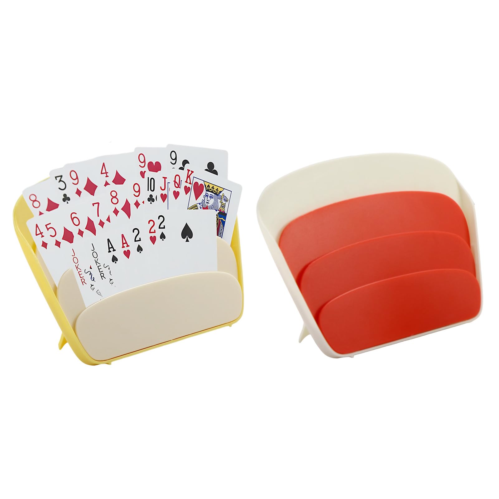 UIHRLM 2PCS Playing Card Holder, 3 Layers Design Card Game Holders, Standing Fan Shaped Playing Card Storage Box Hands Free Game Accessories for Adults Poker Uno Dos Canasta Bridge (Yellow+Red) — image 1