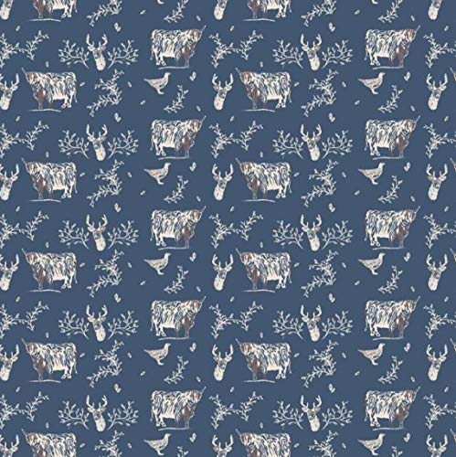 Tela de 100% algodón egipcio, diseño de animales de las tierras altas escoceses, cardo, ciervo, coo, vaca, material impreso, patchwork, costura, algodón, azul, 1 Fat Quarter (48cm x 55cm)