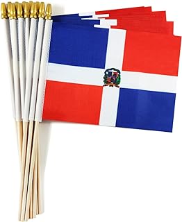 QQSD Dominican Small Flag Stick Mini Hand Held Flags - Solid Wooden Pole with Spear Top, 12 Pack