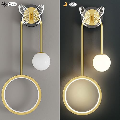 Miniatura 4 de PURESILKS Lámpara de pared moderna con mariposa, lámpara de pared LED dorada para interiores, lámparas de pared inalámbricas para dormitorio, sala