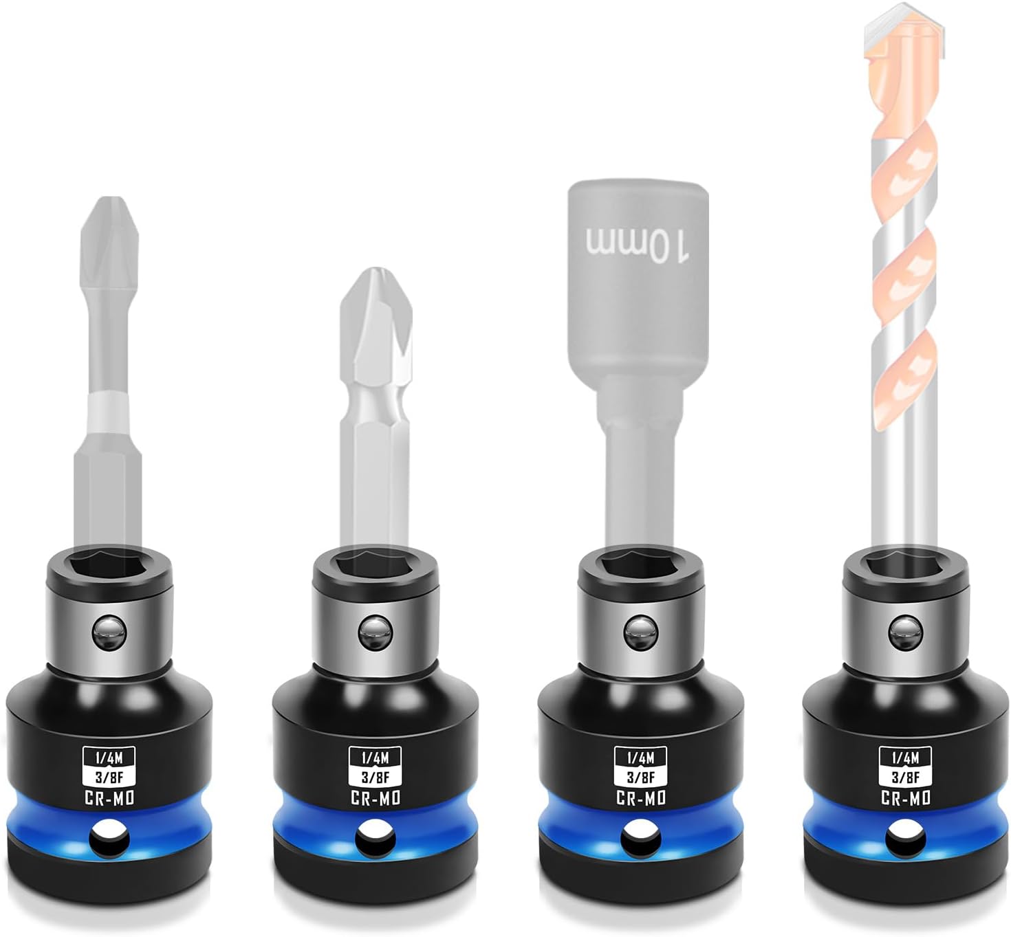BLACKROBOT 4PCS Impact Bit Holders 3/8 Square Drive to 1/4 Hex Bit Socket Adapter, Impact Wrench Ratchet Use, Cr-Mo Steel