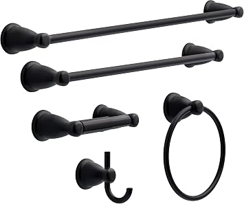 Franklin Brass 5-Piece Matte Black Bathroom Set 2 Towel Racks, Ring, Toilet Paper Holder, Hook | Kinla Bath Accessories