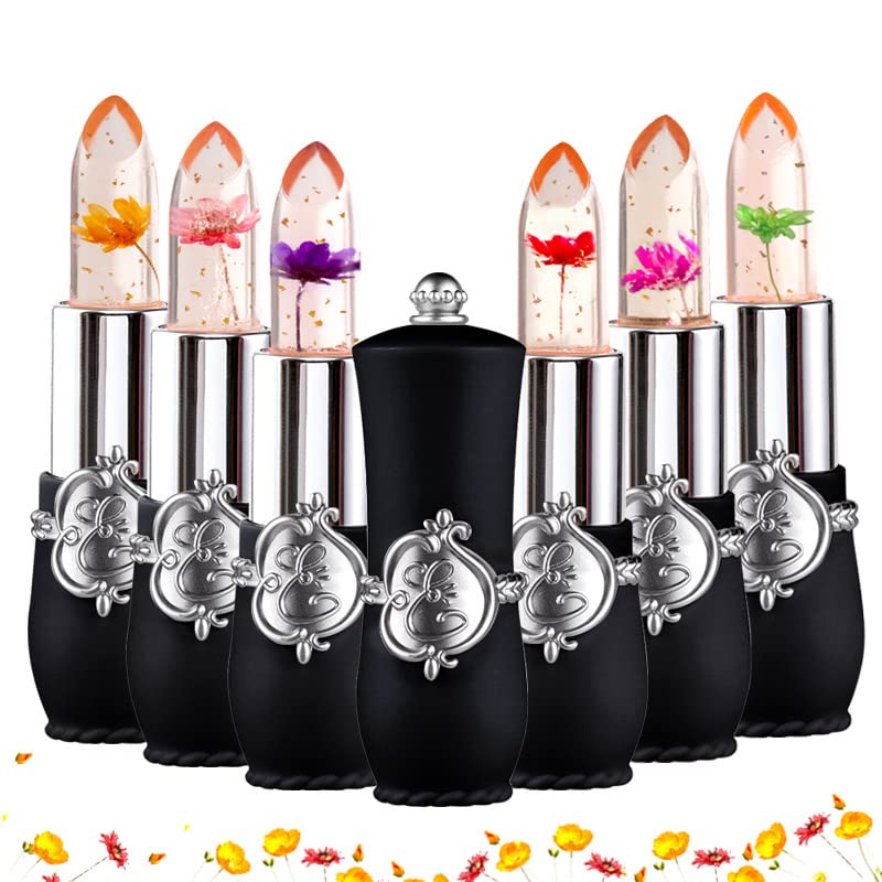 ASUSO Color Changing Lipstick,Crystal Flower Lip Gloss, Color Changing Lip Balm,Waterproof Lips Clear Temperature Lasting Lipstick (Black set of 6)