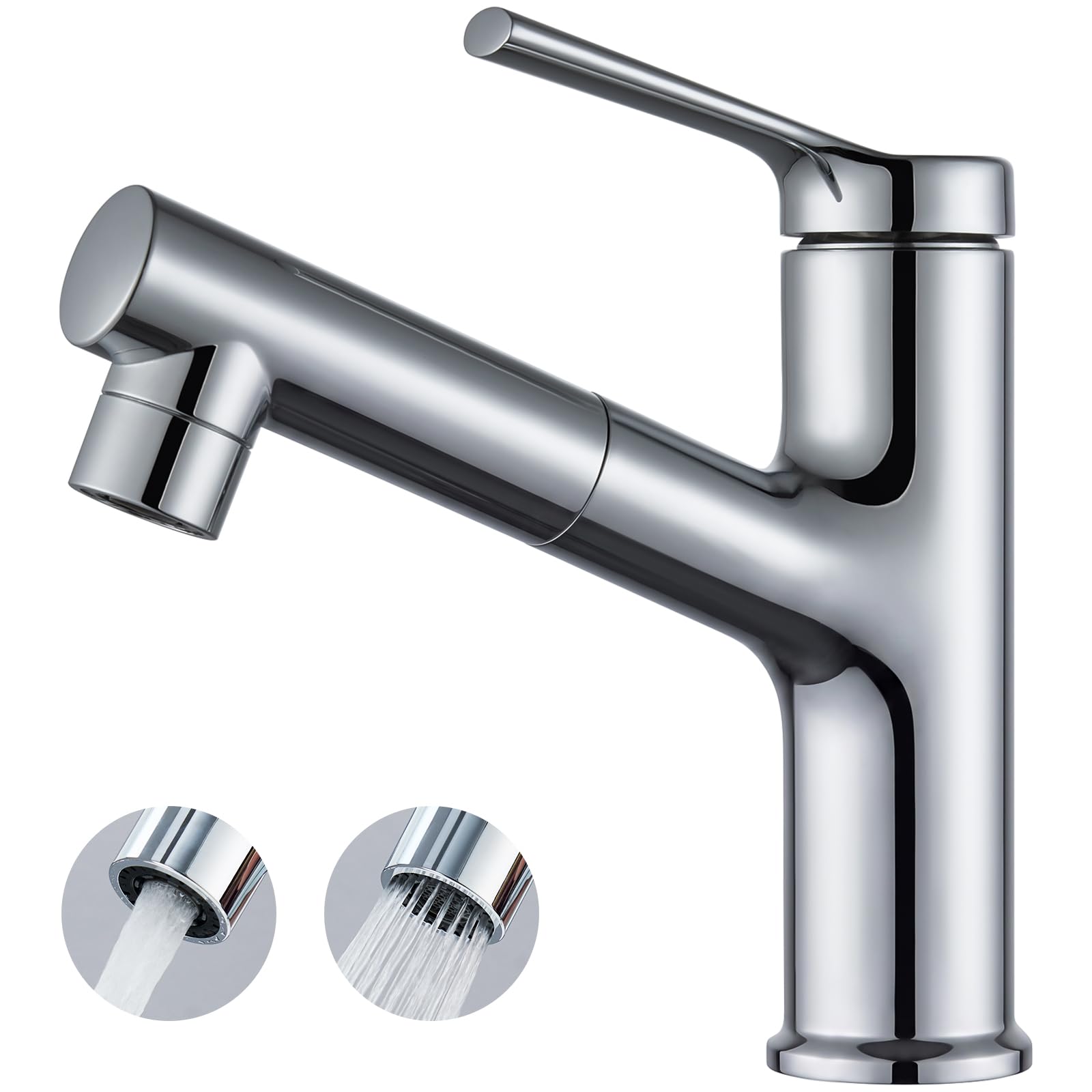 CECIPA Grifo Lavabo baño Cromo con ducha extraíble para lavar el cabello | Grifo Lavabo Grifo de alta presión para lavabo de baño,2 Modos de Flujo de Agua Cromo
