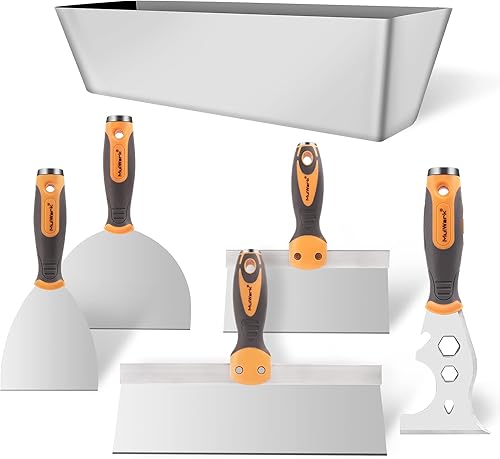 MulWark Drywall Hand Tool Kit,5PC Putty Knife Scrapers, Spackle Knife, Metal Scraper Tool for Drywall Finishing, Plaster Scraping, Decals, and