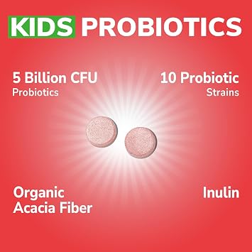 Kids Probiotics Chewable, 5 Billion CFU, 10 Probiotic Strains, Ages 4+ | with Prebiotics, Support Digestive & Immune Health, Shelf Stable, No Gluten or Dairy, Strawberry Flavor, 30 Count