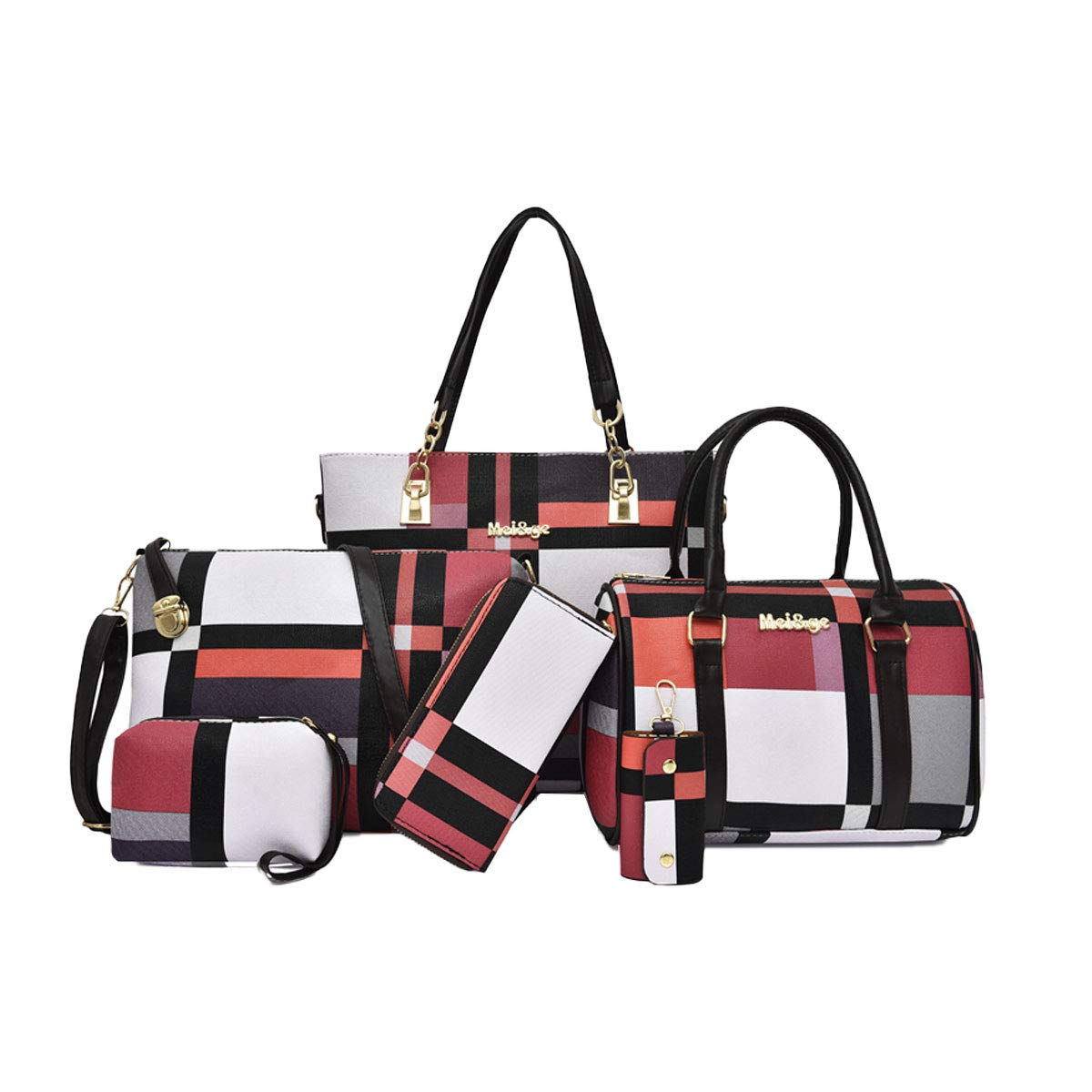 Bolso de Mano para Mujer Grande de Cuero PU Bolso de Hombro Informal 6 uds Bandolera ES280 Rojo